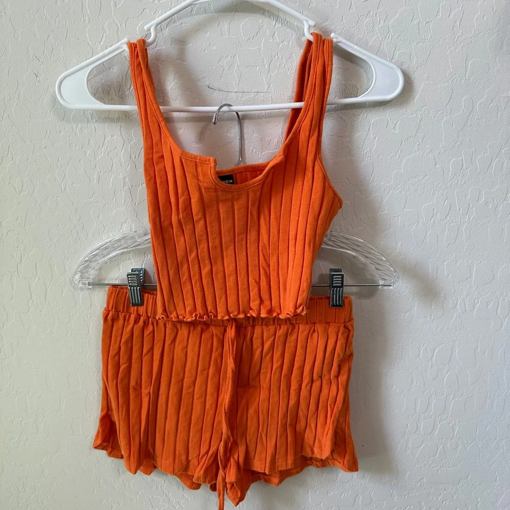 SHEIN Orange Ribbed Tank Romper Set - Picture 1 of 3